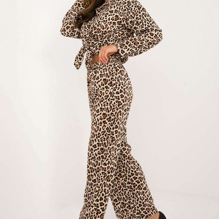 Beige Animal Motif Women Two Piece Set With Shirt And Pants - Très Elite