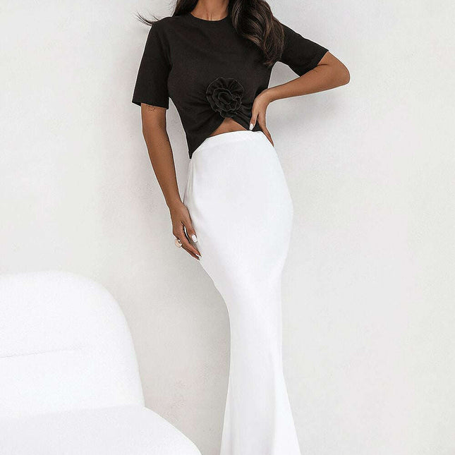 Beige Bias Cut Long Skirt With Elastic Waistband Casual