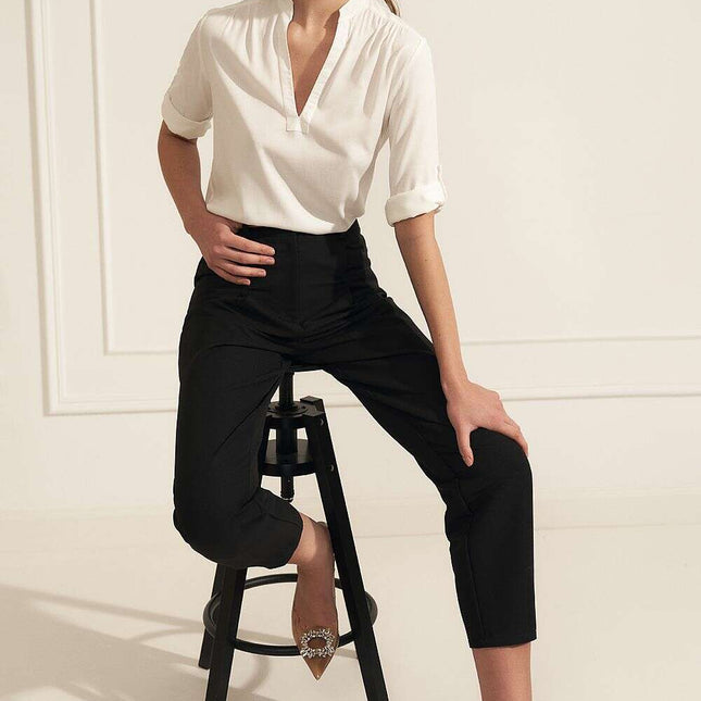 Beige Blouse With Ruching And Rolled Sleeves For Office