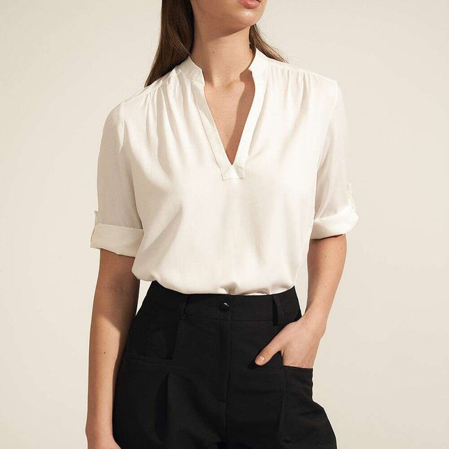 Beige Blouse With Ruching And Rolled Sleeves For Office