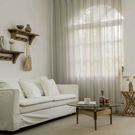 Beige Bohemian Cotton Linen Window Treatments with Grey Tulle- Très Elite- Très Elite