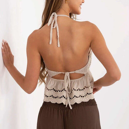 Beige Boho Lace Knit Top 214027 With Tie Straps For Summer - Très Elite