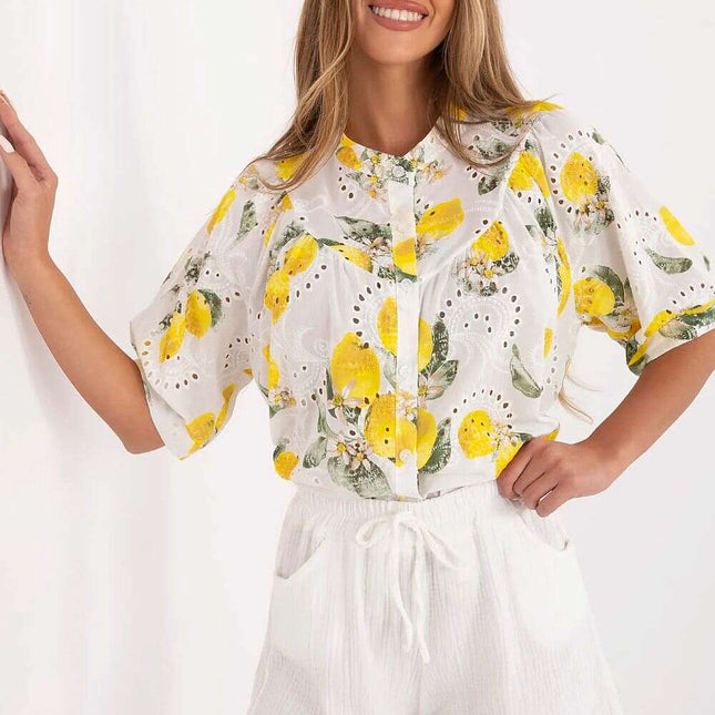 Beige Cotton Casual Short Sleeve Shirt 213782 For Women