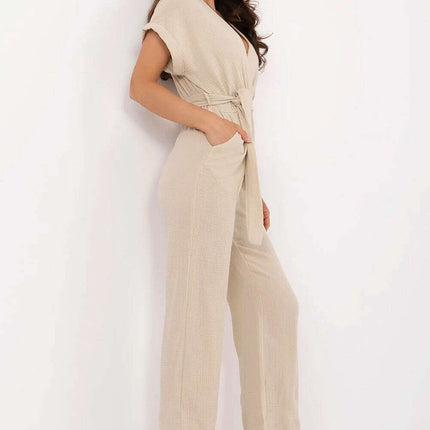 Beige Cotton Jumpsuit With Wrap V Neck For Everyday Wear - Très Elite
