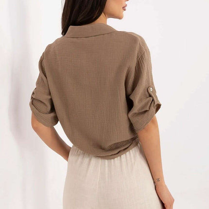 Beige Cotton Shirt With Tie Hem And Three Quarter Sleeves - Très Elite