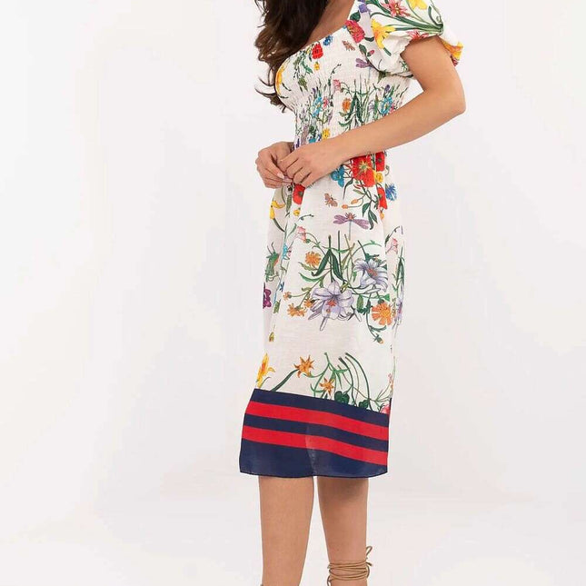 Beige Daydress 213609 Flared Linen Polyester Blend Womens