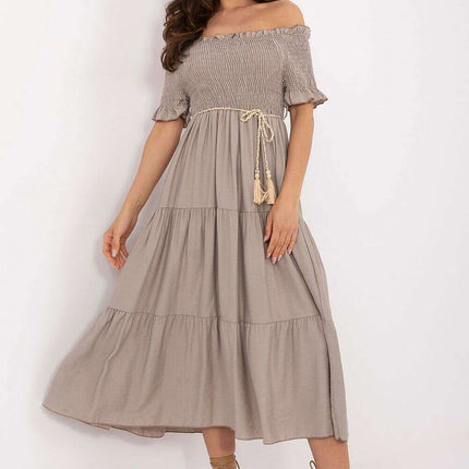 Beige Daydress 215182 Midi Flared Silhouette Breathable - Très Elite