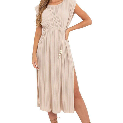 Beige Daydress Midi 215880 Sleeveless Pleated Silhouette - Très Elite