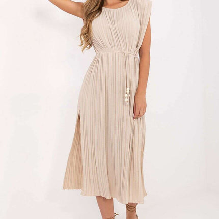 Beige Daydress Midi 215880 Sleeveless Pleated Silhouette - Très Elite