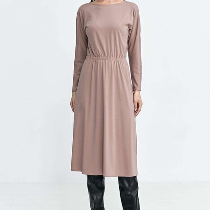 Beige Daydress With Boat Neck And Elastic Waist 202467