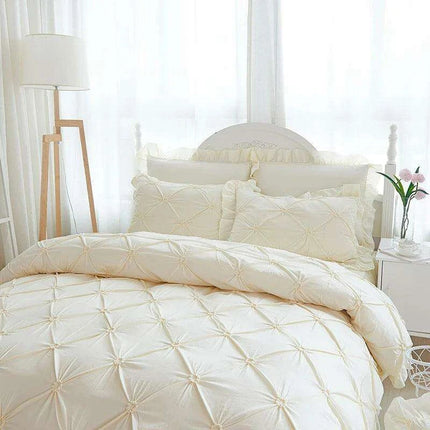 Beige Handmade Pleated Princess Quilt Set with Ruffles - 100% Cotton Luxury Bedding - Très Elite