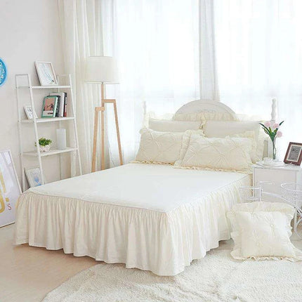 Beige Handmade Pleated Princess Quilt Set with Ruffles - 100% Cotton Luxury Bedding - Très Elite