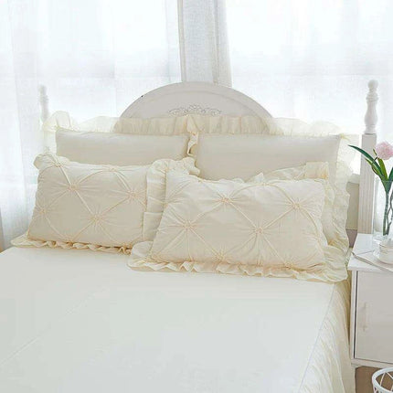 Beige Handmade Pleated Princess Quilt Set with Ruffles - 100% Cotton Luxury Bedding - Très Elite