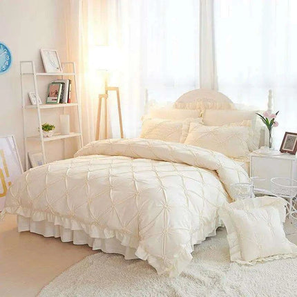 Beige Handmade Pleated Princess Quilt Set with Ruffles - 100% Cotton Luxury Bedding - Très Elite