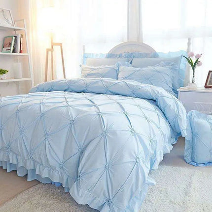 Beige Handmade Pleated Princess Quilt Set with Ruffles - 100% Cotton Luxury Bedding..