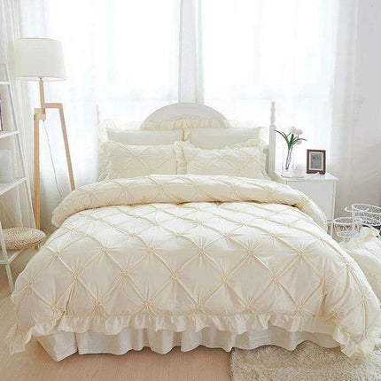Beige Handmade Pleated Princess Quilt Set with Ruffles - 100% Cotton Luxury Bedding - Très Elite