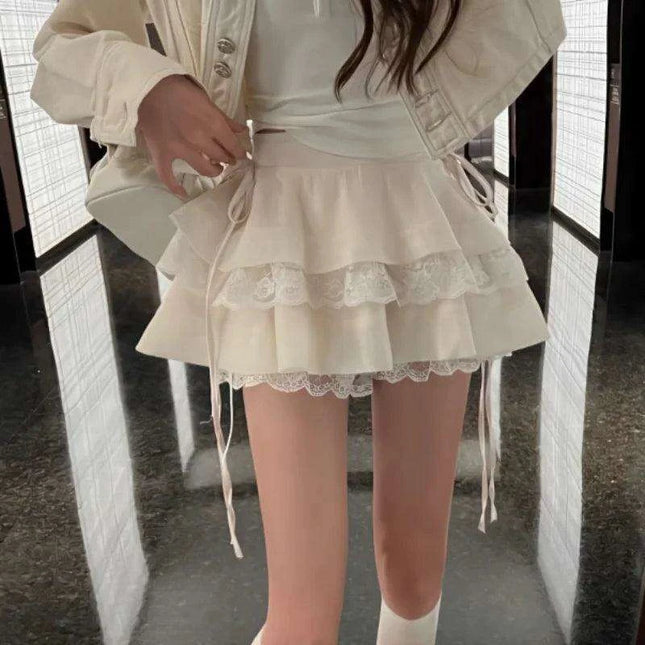 Beige Kawaii Lace High-Waisted Mini Skirt - Adorable Vintage Korean Fashion for Autumn Events