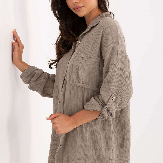 Beige Long Sleeve Muslin Shirt 215497 For Women Casual Wear