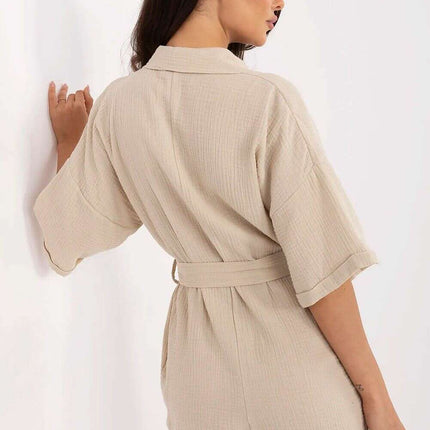 Beige Muslin Cotton Jumpsuit With Short Sleeves 213057 - Très Elite