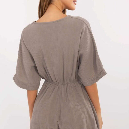 Beige Muslin Jumpsuit With Wrap Neckline And Short Sleeves - Très Elite