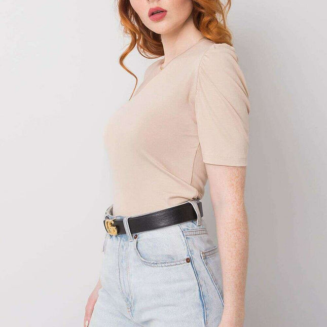 Beige One Sleeve Blouse With Asymmetrical Neckline