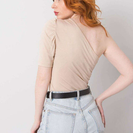 Beige One Sleeve Blouse With Asymmetrical Neckline - Très Elite