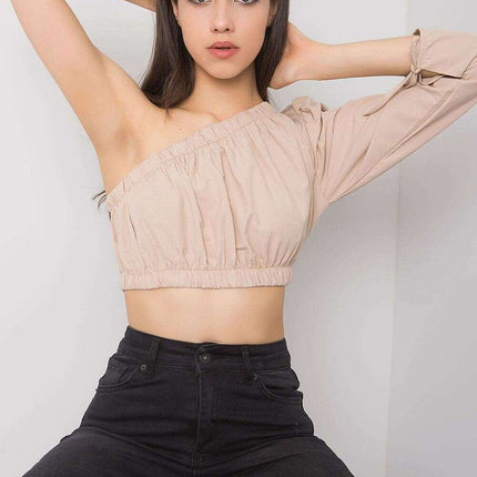 Beige One Sleeve Cotton Blouse With Asymmetrical Neckline - Très Elite