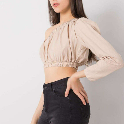 Beige One Sleeve Cotton Blouse With Asymmetrical Neckline - Très Elite