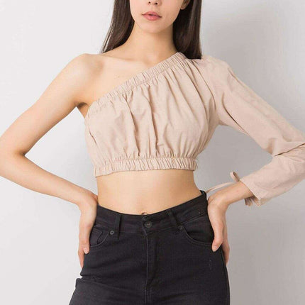 Beige One Sleeve Cotton Blouse With Asymmetrical Neckline - Très Elite