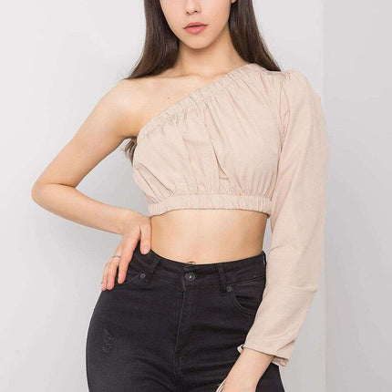 Beige One Sleeve Cotton Blouse With Asymmetrical Neckline - Très Elite