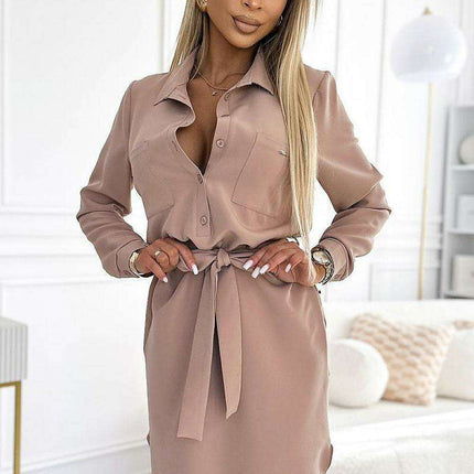 Beige Pocketed Shirt Dress - Chic European Elegance by Numoco - Très Elite