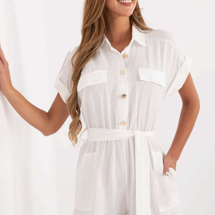 Beige Short Jumpsuit With Shirt Collar And Button Front