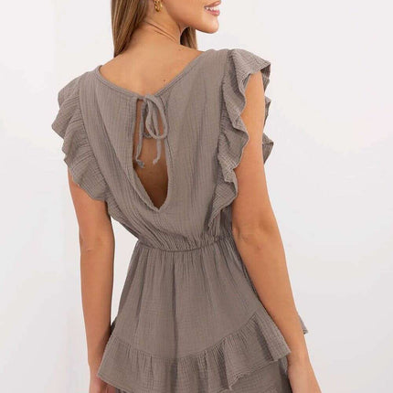 Beige Short Jumpsuit With Waist Tie And Sleeveless - Très Elite