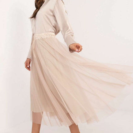 Beige Tulle Midi Skirt 202911 With Adjustable Tie Waist - Très Elite
