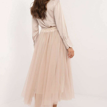 Beige Tulle Midi Skirt 202911 With Adjustable Tie Waist - Très Elite