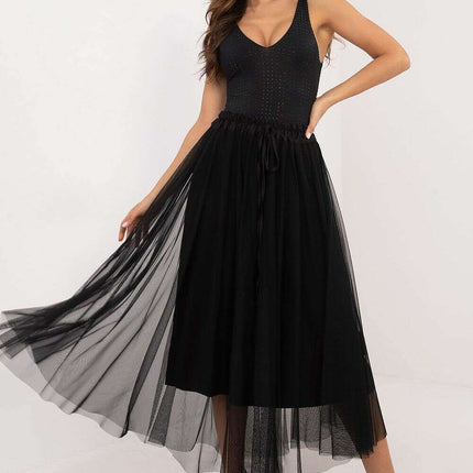 Beige Tulle Midi Skirt 202911 With Adjustable Tie Waist