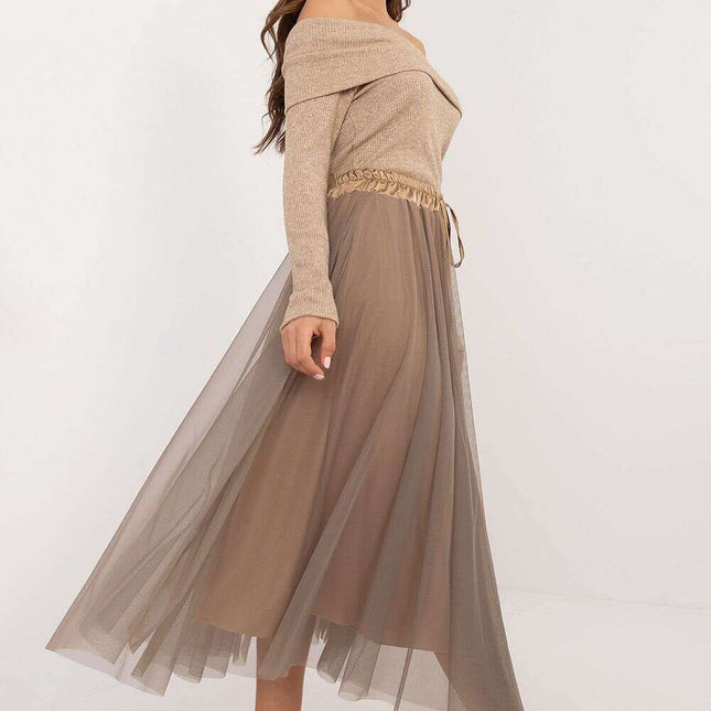 Beige Tulle Midi Skirt 202911 With Adjustable Tie Waist