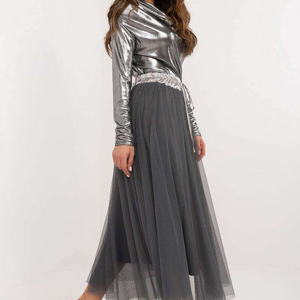 Beige Tulle Midi Skirt 202911 With Adjustable Tie Waist - Très Elite
