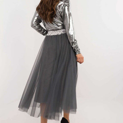 Beige Tulle Midi Skirt 202911 With Adjustable Tie Waist - Très Elite
