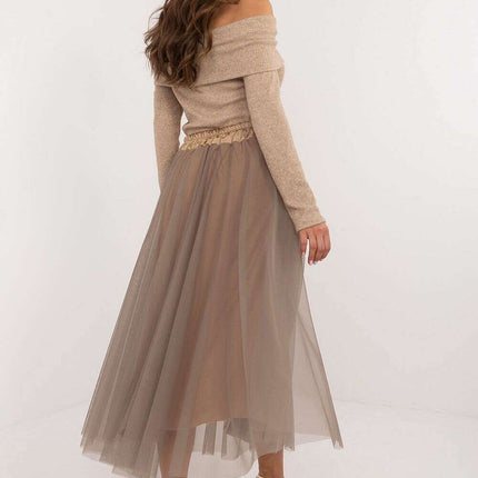 Beige Tulle Midi Skirt 202911 With Adjustable Tie Waist - Très Elite