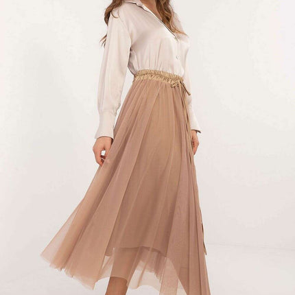 Beige Tulle Midi Skirt 202911 With Adjustable Tie Waist - Très Elite