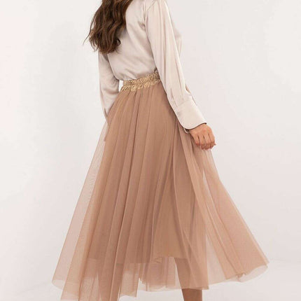 Beige Tulle Midi Skirt 202911 With Adjustable Tie Waist - Très Elite