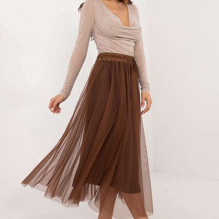 Beige Tulle Midi Skirt 202911 With Adjustable Tie Waist - Très Elite