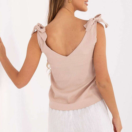 Beige V Neck Top With Decorative Tie Straps Polyester - Très Elite