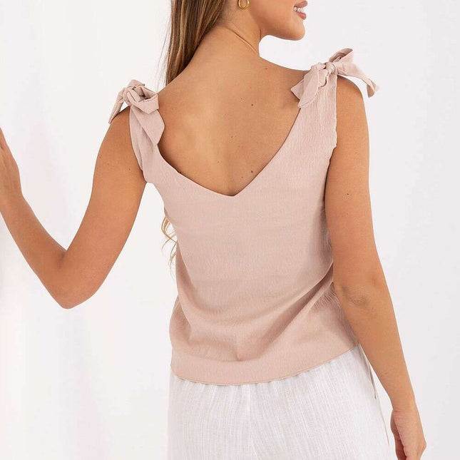 Beige V Neck Top With Decorative Tie Straps Polyester
