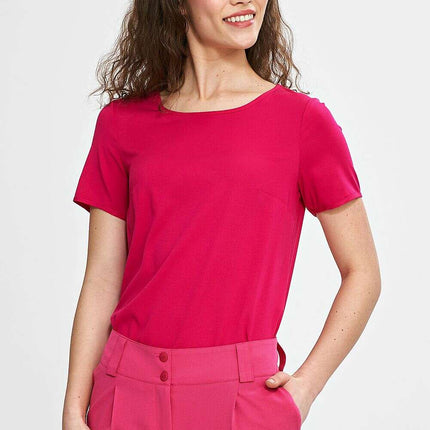 Beige Viscose Blouse For Women Boat Neck Short Sleeves - Très Elite