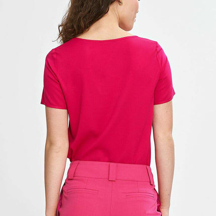 Beige Viscose Blouse For Women Boat Neck Short Sleeves - Très Elite