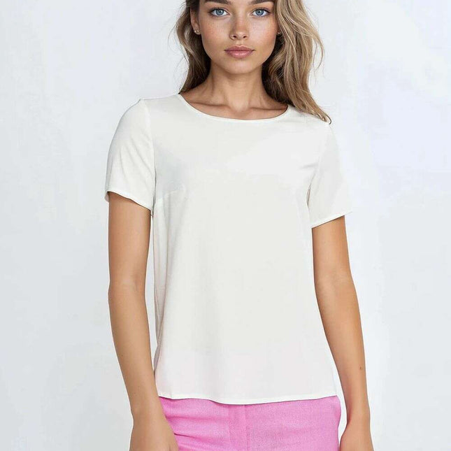 Beige Viscose Blouse For Women Boat Neck Short Sleeves