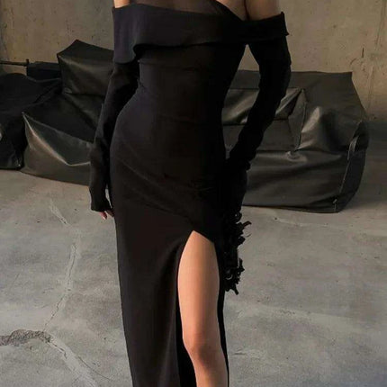 Black Asymmetrical Long Sleeve Maxi Dress with Backless Cut-Out - Très Elite