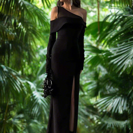 Black Asymmetrical Long Sleeve Maxi Dress with Backless Cut-Out - Très Elite